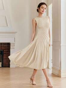Anewsta Early Spring Elegant Solid Color Heavy-Weight Knit Sleeveless Asymmetrical Pleated Sweater Dress - Beige - View 4