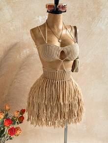 Soleia New Vacation Knit Halter Tie Rope Multi-Layer Tassel Mini Dress, Suitable For Party, Date, Valentine's Day, Easter, Carnival, Afternoon Tea, Beach Cruise, City Vacation, Autumn/Winter Layering - Khaki - View 3