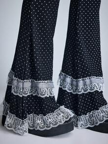 ROMWE Kawaii 1双可爱白色波点针织喇叭袜套，Y2K小众设计双层蕾丝叠层袜套，不易起球过膝腿套 - 黑與白 - 查看 4