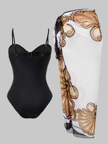 Swim Oasis Women's Black Elegant Ruched One-Piece Swimsuit With Coverup,Summer Beach Holiday Bathing Suit Set,Solid Color Metal Decor Boho Vacation Outfits,2026 - Black - View 2