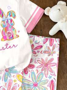 SHEIN 两件套可爱兔子花卉印花条纹休闲短袖上衣和短裤套装，适合夏季穿着、派对、日常穿着、度假、田园风等场合。 - 彩色 - 查看 6