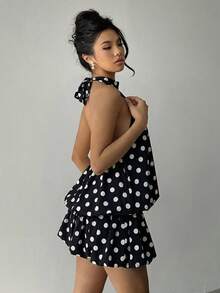 Aloruh Vestido corto de verano con escote halter y espalda descubierta, con estampado de lunares sexy para mujer - Blanco y Negro - Ver 11