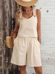 EMERY ROSE 女士纯色无袖上衣和短裤休闲两件套 - 卡其色 - 查看 4