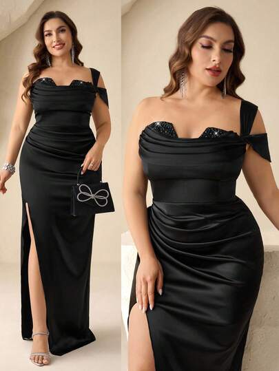 Coutiva Plus Size Women's Elegant Ruched Waist Formal Evening Gown With One Shoulder And Thigh High Slit Women's Sequin Mermaid Formal Evening Gown One Shoulder Formal Dress Purple Women Evening Dress Gowns Glamorous Dress Dress Elegant Gala Dress Elegant Valentines Dress Elegant Dress Sequin Dress Pink Red Dress Floral Dress Valentines Dress Elegant Dress Sequin Dress Floral Dress Luxury Graduation Ceremony, School Opening, Music Festival, Birthday Party, Wedding, Afternoon Tea Gathering, Ball Black Satin Dress One Shoulder Dress Elegant Classy Black Dress Black Club Dress Sexy Black Dress Curve