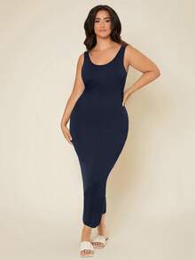 EMERY ROSE Plus Solid Bodycon Casual Dinner Dating Dress - Navy Blue - View 8