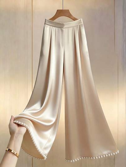 Franclia 高腰阔腿裤，珍珠饰边，香槟金缎面面料，优雅显瘦，适合派对、通勤及各种场合。