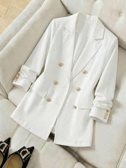Blazer elegante mujer doble botonadura formal largo moderno versátil oficina uso diario viaje cita oficina