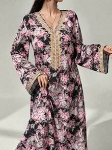 Al Najma Vestido de manga larga con estampado floral, patchwork de ganchillo, vestido elegante y modesto de línea A tipo kaftan y jalabiya, para fiesta de noche/invitada de boda/aniversario/uso diario - Negro - Ver 5