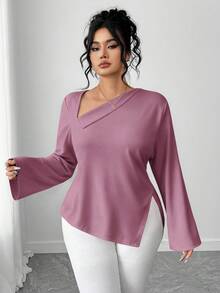 Elenzga Kemeja Kasual Wanita Ukuran Besar Warna Polos untuk Pemakaian Sehari-hari dengan Belahan Samping - Purple - View 4