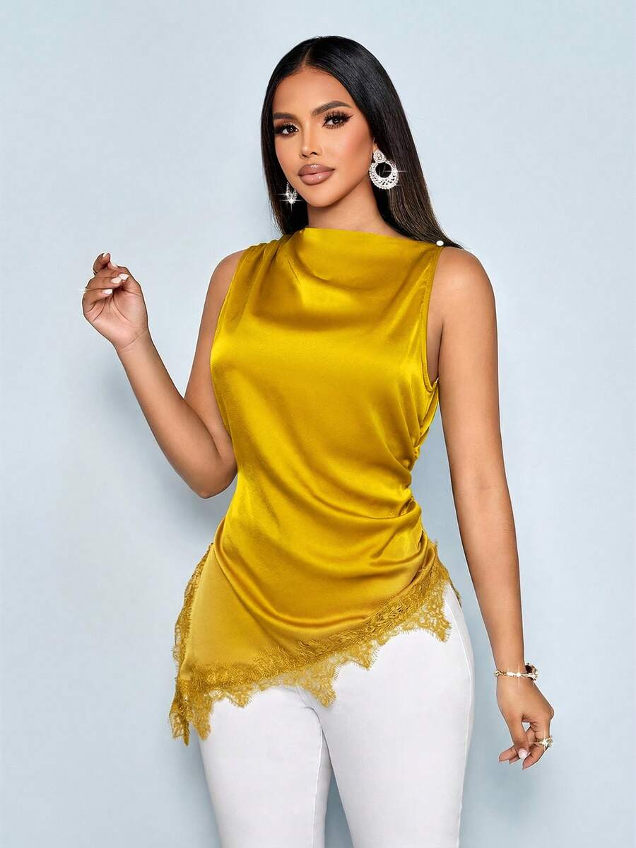 SOLERSUN Áo kiểu nữ tối giản thanh lịch cổ cao, viền ren đen, vạt áo bất đối xứng, chất liệu satin, không tay. - Màu vàng - Xem 1