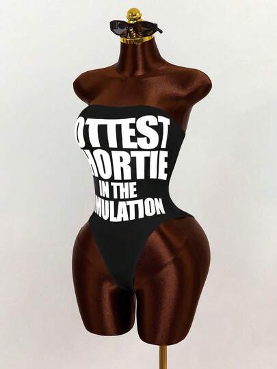 Mistrie Strapless Bandeau Exposed Shoulder Personalized "Hottest Short-Haired Girl" Text Graphic Print Sexy Party Club Casual Urban Street Style Fashion Stage Knit Fabric Bodysuit For Women, Spring/Summer