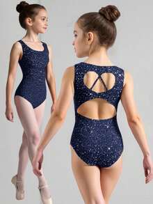 女童露背针织连体裤，多功能舞蹈服、滑冰服、休闲日常运动服、舒适连体衣 - 藏蓝色 - 查看 1