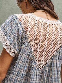 Bohemela 女士休闲编织拼接V领短袖宽松衬衫 - 藍色 - 查看 6