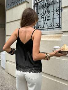 Serisse Camiseta de tirantes de mujer de unicolor con encaje de contraste - Negro - Ver 2