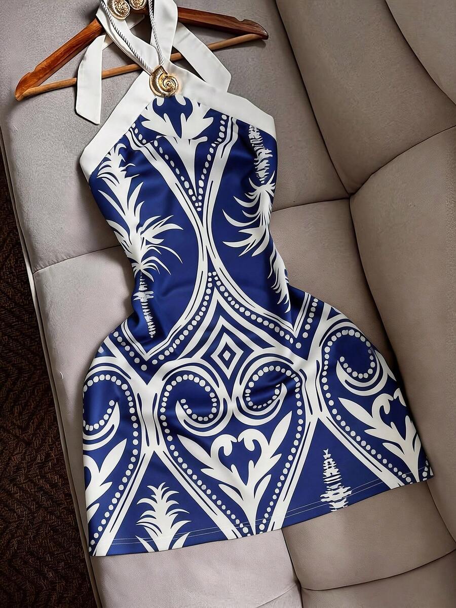 Airaco 性感修身露背系带印花撞色迷你连衣裙，适合休闲海滩度假旅行，女士 - 藍色 - 查看 1