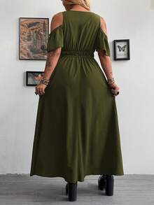 Whyspr Plus Size V-Neck Lace Patchwork Short Sleeve A-Line Dress With Double Slits, Elegant Vintage Punk Style For Women - Army Green - View 2