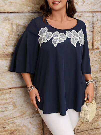 EMERY ROSE Plus Size Women's Woven Regular Spring/Summer Casual Minimalist Commuter Chiffon Rhinestone Decor Half Sleeve Blouse, Navy Blue