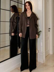 Bris Aura Manteau trench à manches longues de couleur unie pour femmes, automne/hiver - Marron - Voir 3
