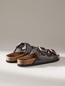 Solecia Damen Schuhe Frühling und Sommer Neu Doppelschnallen Gürtel Anpassungsdesign offene Zehenpartie Flacher Boden Lässig Urlaubsstil Damen Pantoffeln geeignet für Reise Urlaub, Strandreise Sommerschuhe - Stille Nacht Schwarz - Übersicht 4