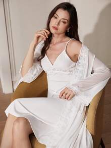 法式优雅成熟罗纹吊带连衣裙和网纱睡袍女士睡衣两件套 - 白色 - 查看 3