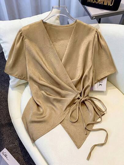 GlowEve 女士时尚休闲V领褶皱裹身系带A字灯笼袖衬衫