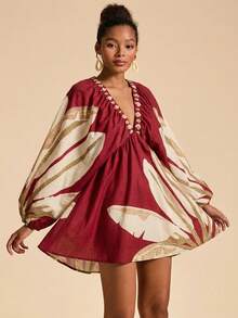 Travachic Đầm ngắn tay dài cổ chữ V in họa tiết du lịch dành cho nữ - Nhiều màu - Xem 5