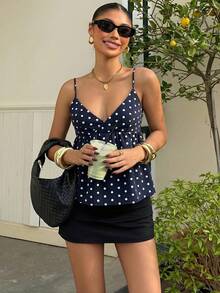 Muchica Áo hai dây cổ chữ V chấm bi phong cách thường ngày dành cho nữ, thích hợp cho kỳ nghỉ xuân/hè. - Màu xanh hải quân - Xem 6