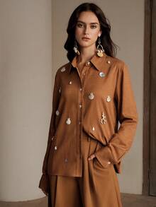 Anewsta Áo kiểu nữ mới, dáng rộng, thoải mái, làm thủ công, đính mặt dây chuyền vỏ sò ngọc trai, thiết kế đa năng cho kỳ nghỉ, tay dài. - màu nâu - Xem 5