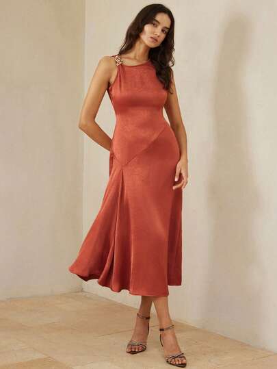 Aveloria Rosie Vestido sin mangas con diseño asimétrico de hombros, de tela de satén texturizada, con cintura ceñida y decoración metálica lujosa, adecuado para ir a la oficina, citas y ocasiones formales