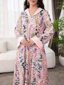 SHEIN Najma Đầm nữ thanh lịch, sang trọng và duyên dáng với họa tiết hoa và Ả Rập, dáng rộng. - Hồng - Xem 6
