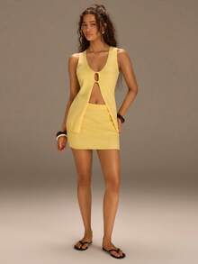 Athîral 女士休闲度假针织黄色开衫上衣和印花半裙两件套，春夏款 - 鵝黃色 - 查看 3