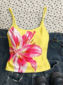 Teen Girls Lily Floral Print Pattern Camisole, Summer Vacation Casual - Multicolor - View 4