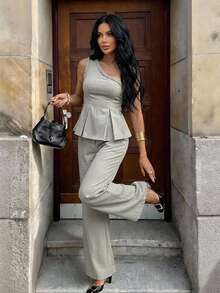 Aloruh 编织肩部褶皱荷叶边衬衫+阔腿裤两件套通勤套装 - 杏色 - 查看 1