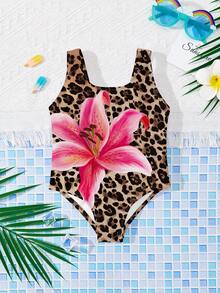 SHEIN 复古度假豹纹百合印花图案，女婴休闲简约修身连体泳衣，适合夏季穿着 - 彩色 - 查看 9