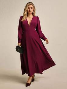 Juhart 加大码 V 领收腰复古 A 字连衣裙，教师节优雅休闲连衣裙，后系带设计 - 紫色 - 查看 7