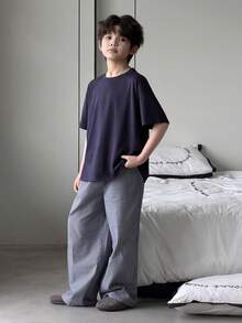 Dazy Kids 2件套幼儿男童圆领针织短袖T恤+格子裤休闲套装，春夏款 - 藏蓝色 - 查看 5
