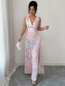 Elenzga Đầm nữ cổ chữ V khoét lỗ xếp ly không tay - Hồng - Xem 4