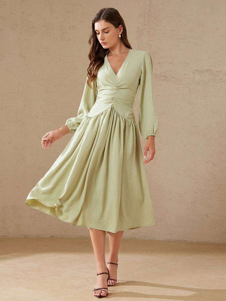 Aveloria Rosie V-Neck Long Sleeve Waist Cinched Dress, Fresh And Elegant, Suitable For Spring Picnic, Gentle And Sophisticated - Green - View 1