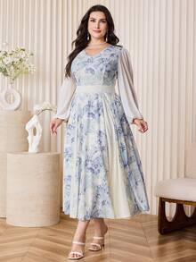 Modelyn Plus Size Women Floral V-Neck Lantern Sleeve Elegant Dress Gym Brown Autumn - Multicolor - View 6