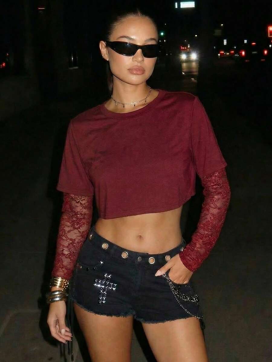 SHEIN ICON 女士夏季纯色撞色蕾丝圆领长袖短款T恤 - 酒紅色 - 查看 1