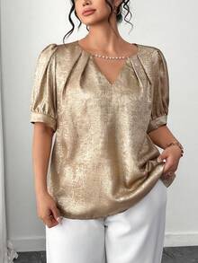 SHEIN Elenzya 大码女式箔布仿珍珠装饰休闲百搭日常衬衫 - 金色 - 查看 3