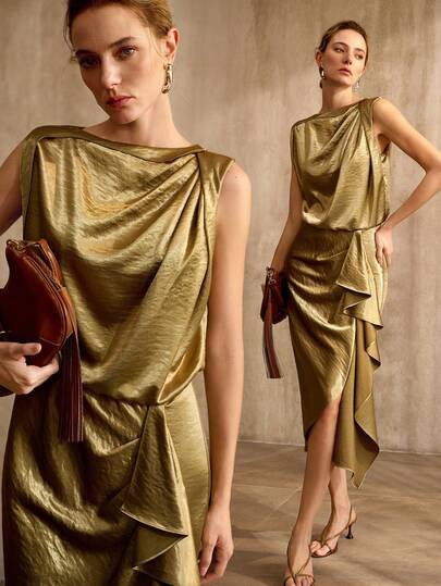 MOTF PREMIUM ASYMMETRIC SLEEVELESS ELEGANT SATIN DRESS, GRACEFUL FOR PARTY, VINTAGE STYLE, SPRING/SUMMER