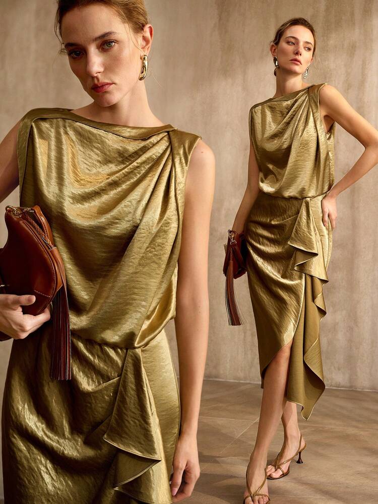 ASYMMETRIC SLEEVELESS ELEGANT SATIN DRESS, GRACEFUL FOR PARTY, VINTAGE STYLE, SPRING/SUMMER