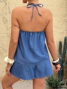 SHEIN Bộ đồ bầu gồm áo tank top và quần short denim cổ yếm xếp ly, kiểu dáng thường ngày. - Màu xanh lam - Xem 2