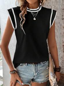 EMERY ROSE Women's Color-Blocked Simple Round Neck T-Shirt For Daily Wear Graphic Tees Women Tops - Black and White - View 6