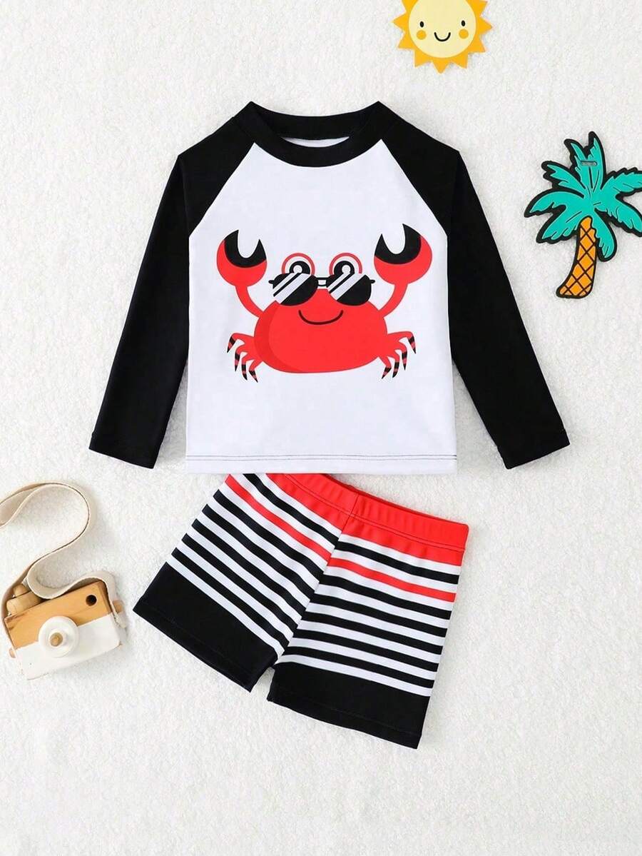 SHEIN 2pcs Baby/Toddler Boys' Swimwear Set,Cute Cartoon Crab Graphic Long Sleeve Rashguard & Trunks,White Summer Vacation Holiday Beach Outfit Rash Guard - Multicolor - View 1