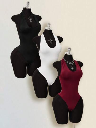 SHEIN ICON Áo liền thân nữ mùa hè kiểu dáng thường ngày, màu trơn, hở lưng, cổ yếm