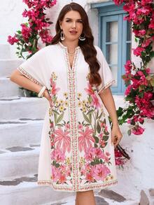 Miaspire 大码女式碎花V领休闲度假连衣裙，适合夏季穿着 - 彩色 - 查看 4