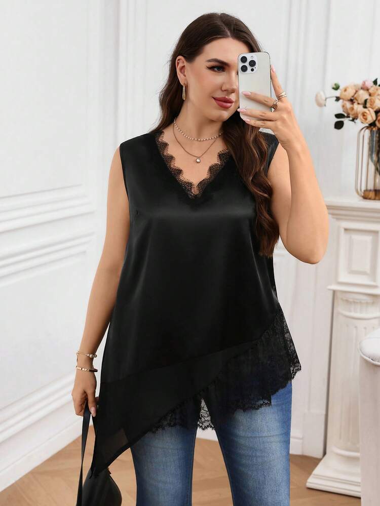 Plus Size Women's Summer Casual Vacation  Elegant Solid Color Black Asymmetrical Hem Lace Patchwork Black Camisole TTank Top, Suitable For Summer Vacation,Summer Outfits For Women ,Vacation Outfits Women ,Holiday Outfits For Women,Going Out Outfits,2026 New Clothes,Simple And Fashionable For Everyday Wear,Suitable For Summer, Vacation, Daily Wear, Festival Outfits For Women,Beach Outfits For Women,,Festival Outfits For Women ,Gifts For Mother,Black Tank Top,Vest,Tunic Blouse,Going Out Tops, Wedding Party Clothes