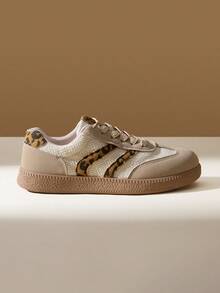 CUCCOO EASI Giày nữ buộc dây phối màu, mũi tròn, đế bằng, kiểu dáng casual, chất liệu da PU thoáng khí, màu kaki, thích hợp cho hoạt động thể thao ngoài trời và giải trí. - Màu Khaki - Xem 2